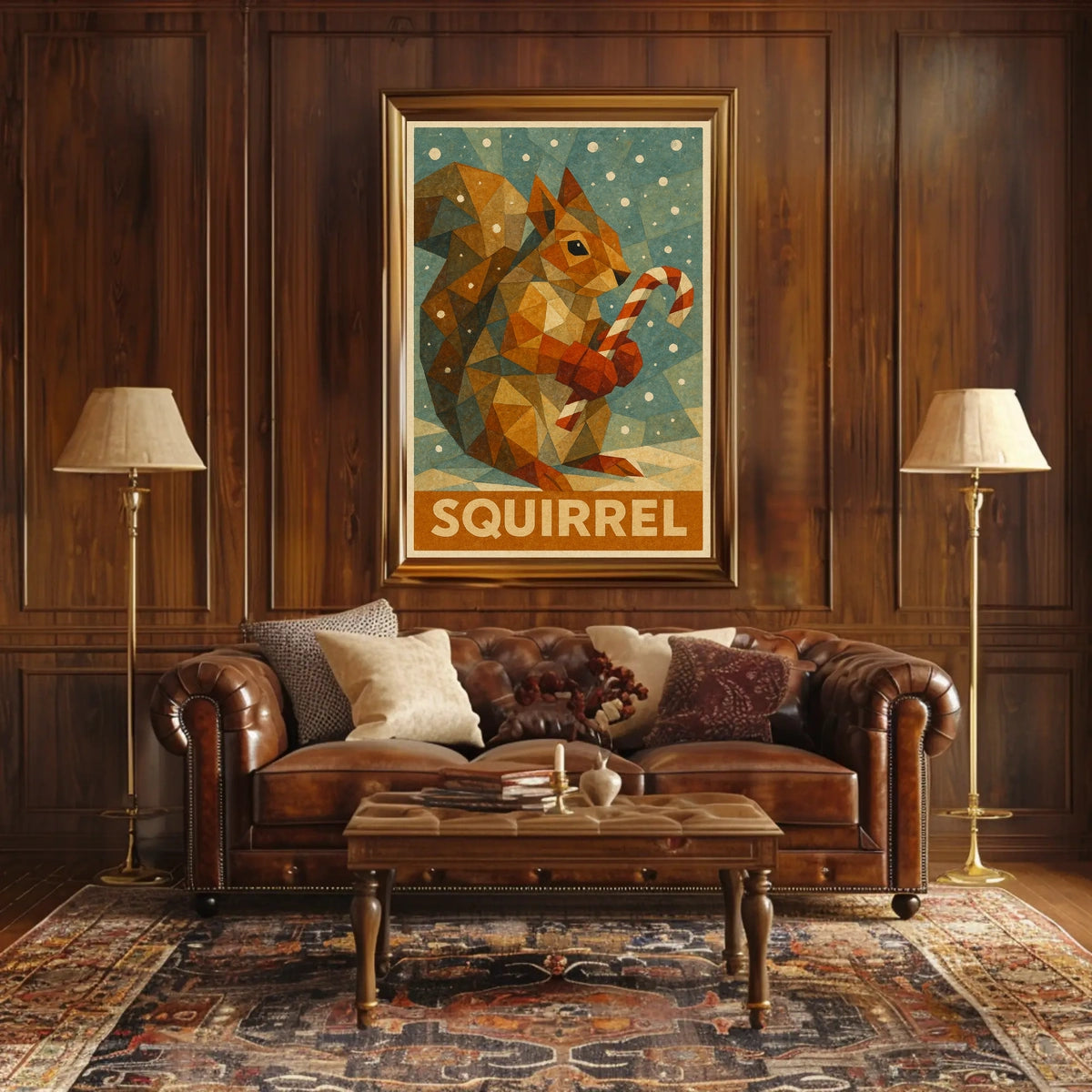 Geometric Squirrel with Candy Cane Poster