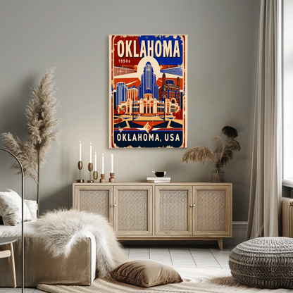 Oklahoma USA 1950s Art Deco Capitol Vintage Travel Poster