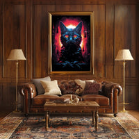 Fiery-Eyed Cosmic Cat Surreal Art Poster