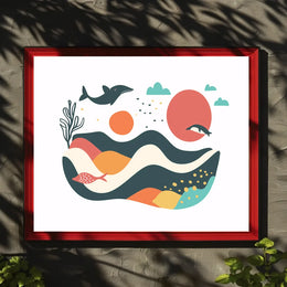 The poster features a whimsical and abstract marine scene. Central to the design Travel Poster