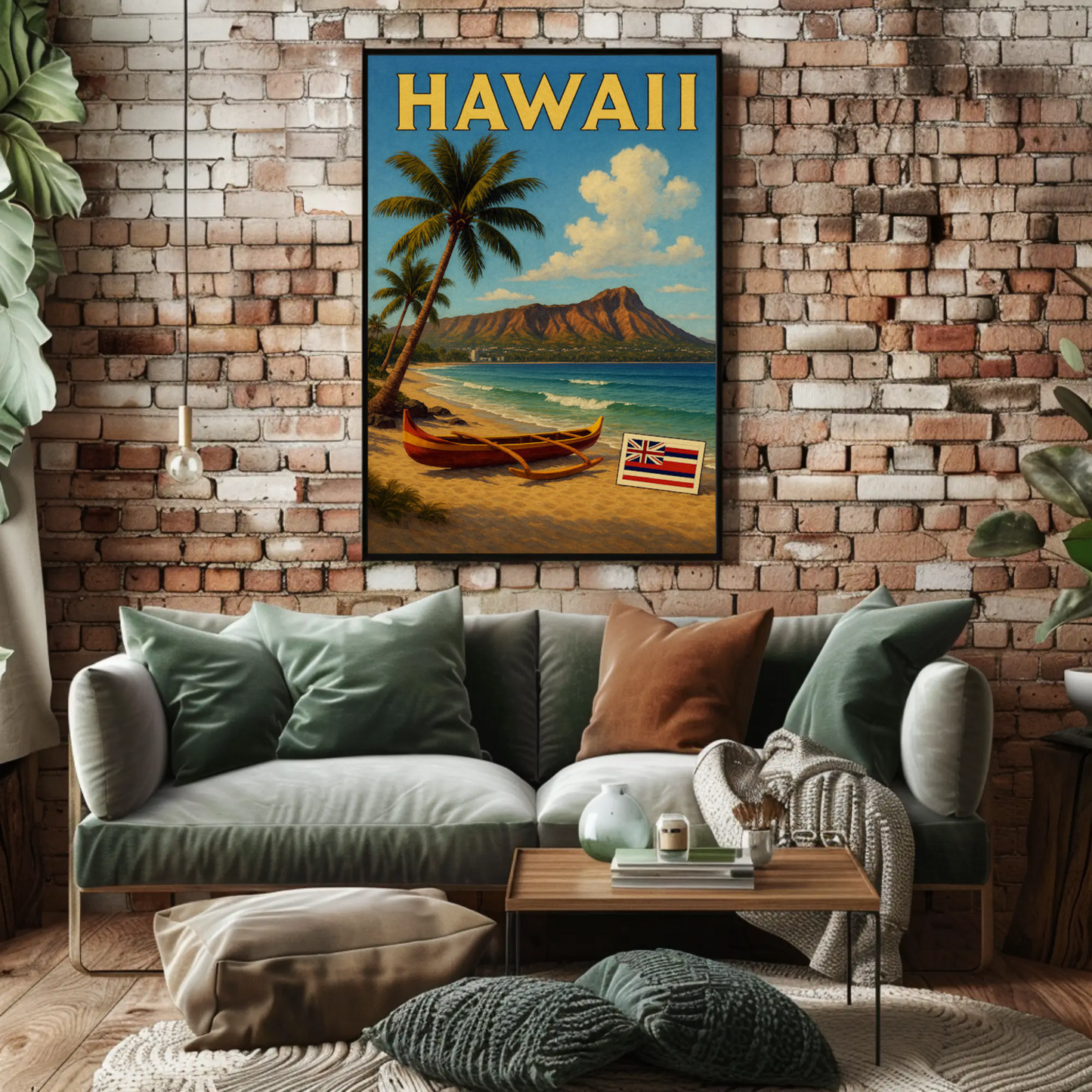 Hawaii Diamond Head Canoe Beach Flag Poster