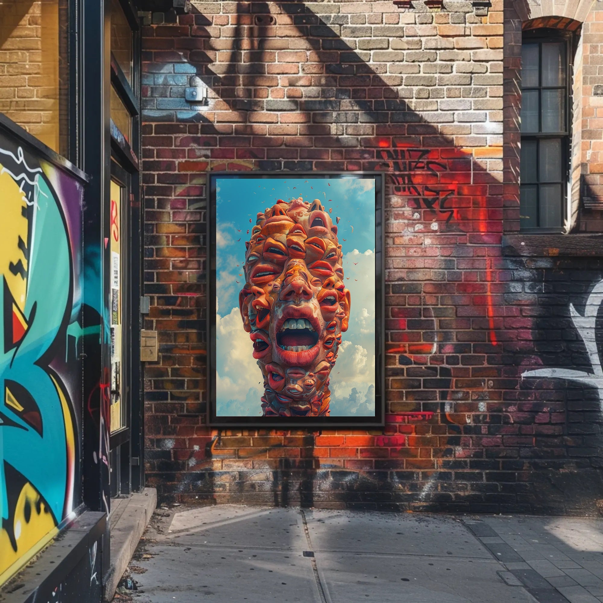 Surreal Abstract Faces Poster with Blue Sky Background PosterGoat