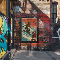 Whimsical Reindeer Snowboarding Vintage Christmas Poster