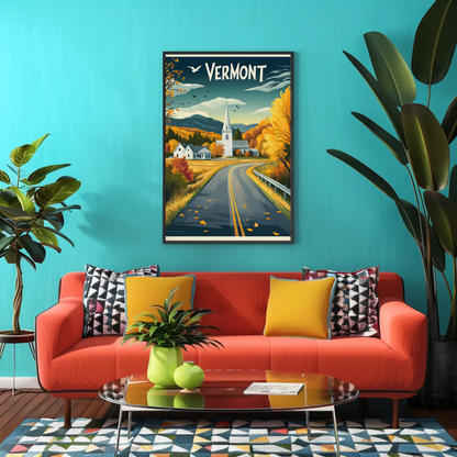 Vermont Vintage Poster - Autumn Road & Church