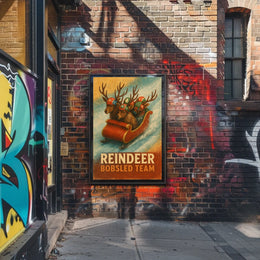 Whimsical Reindeer Bobsled Team Festive Sports Poster