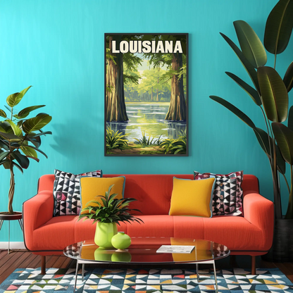 Louisiana - Bayou and Swamp Landscape Vintage Travel Poster
