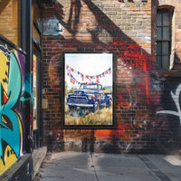 pickup truck parked in a sunny field Poster