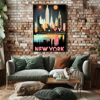 New York Night Skyline Neon Glow Lights Poster