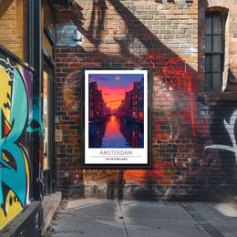 Amsterdam Canal at Sunset Vibrant Travel Poster