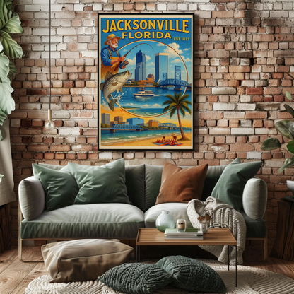 Jacksonville Florida Fishing Bridge Skyline Travel Poster