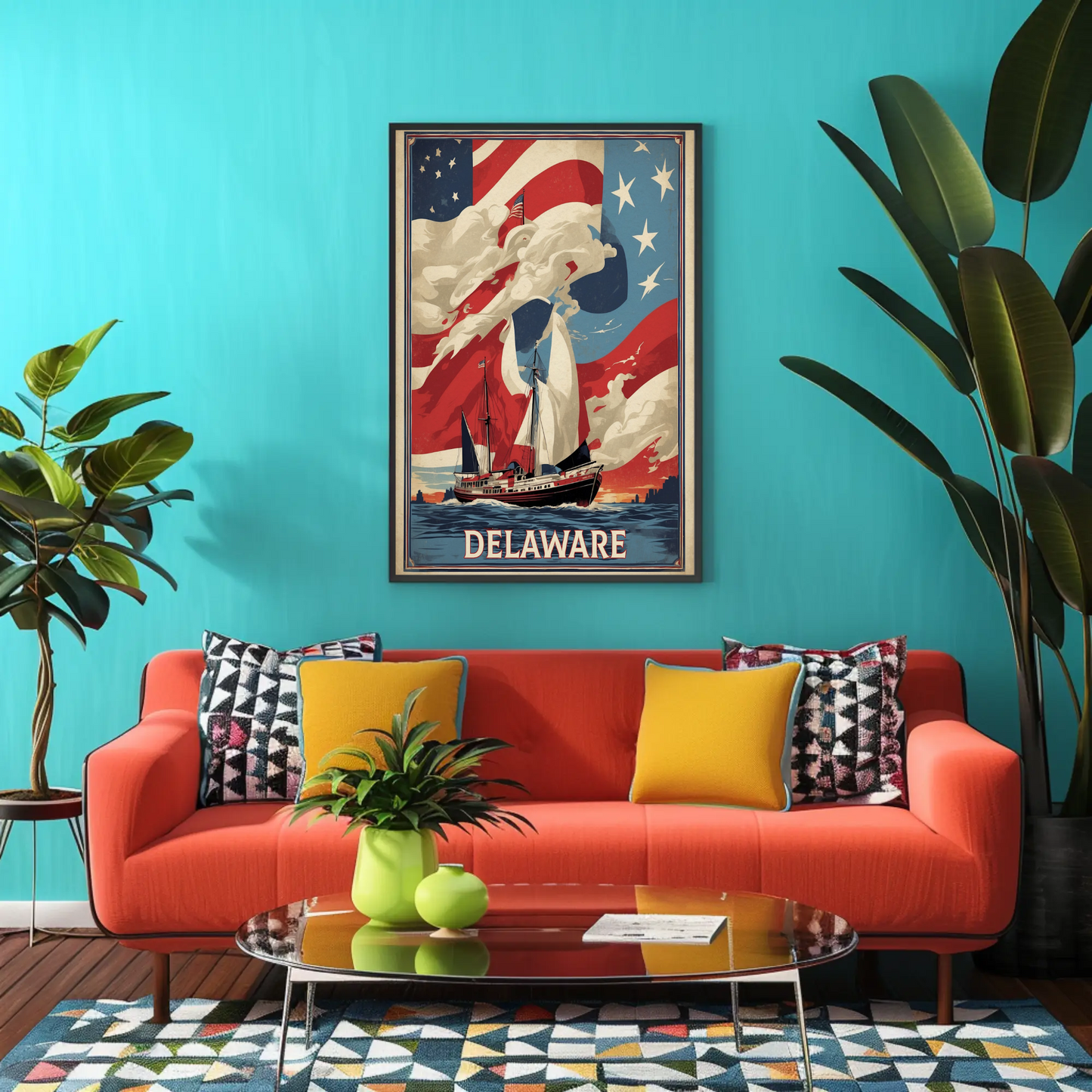 Delaware Sailboat Flag Sky Vintage Travel Poster