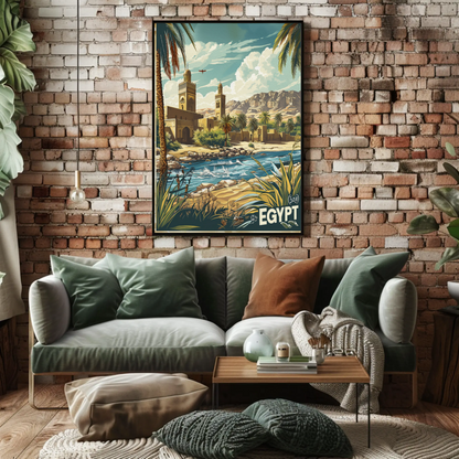 Egypt Desert Mosque and River Travel Poster
