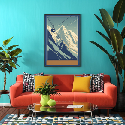 Retro Tram Over Snowy Mountainside Vintage Travel Poster