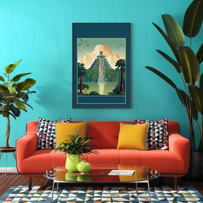 Mayan Pyramid Reflected Jungle Temple Vintage Travel Poster