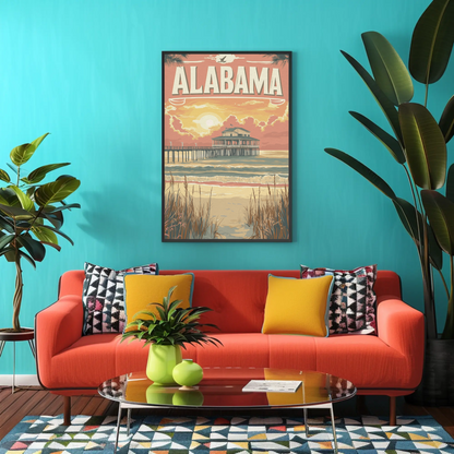 Alabama Pier at Sunset Vintage Travel Poster