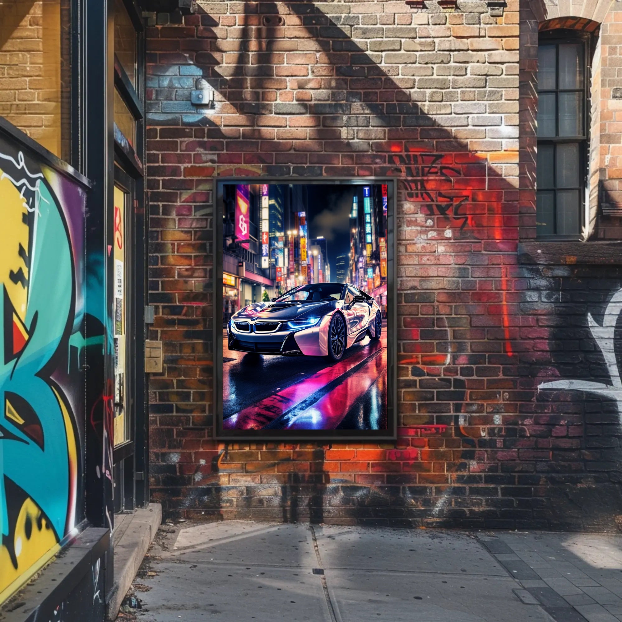 Futuristic Elegance on Neon Streets Poster PosterGoat