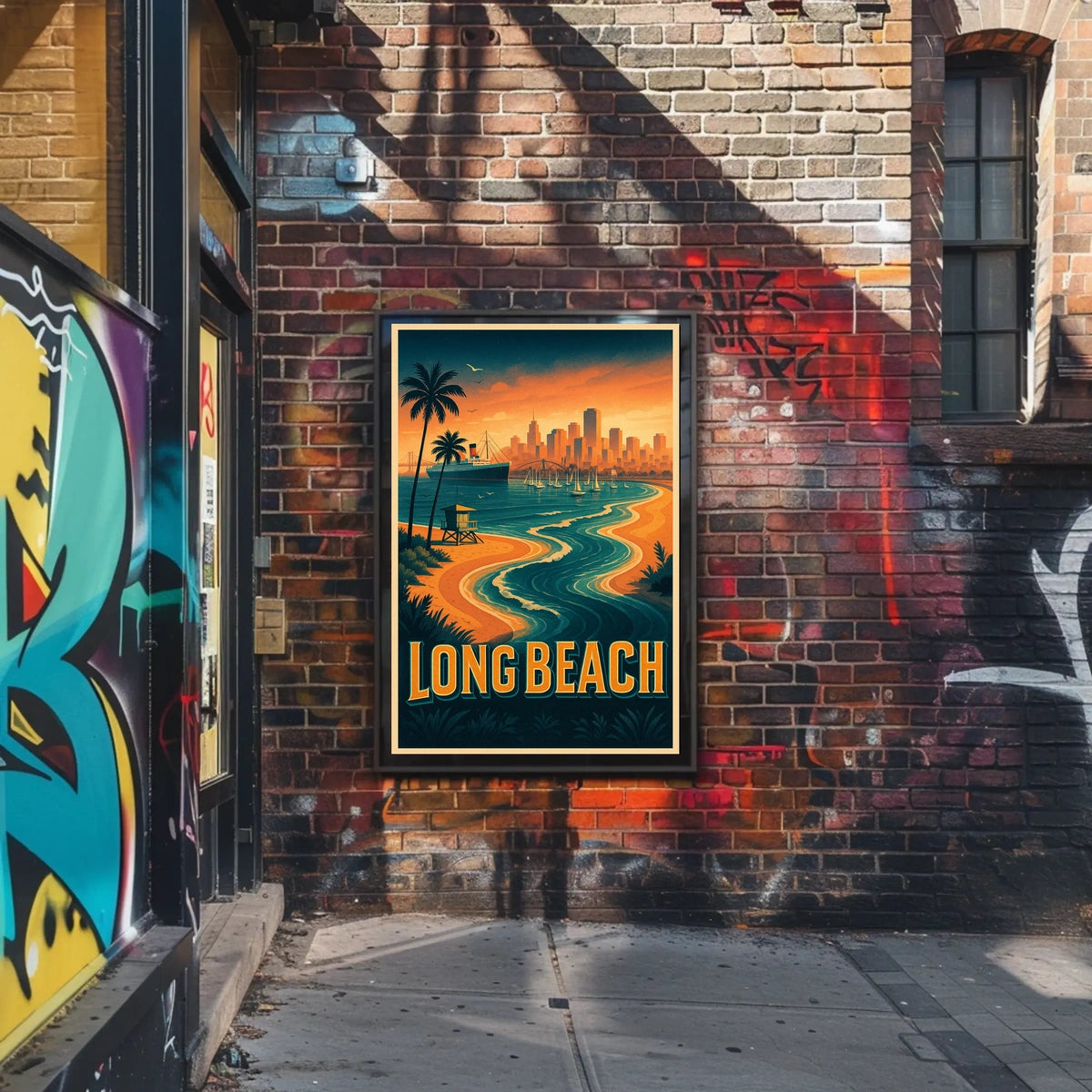 Long Beach Coastal Scene Retro Style Palm Trees City Skyline Poster