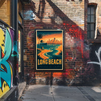 Long Beach Coastal Scene Retro Style Palm Trees City Skyline Poster