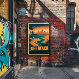 Long Beach Coastal Scene Retro Style Palm Trees City Skyline Poster