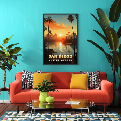 San Diego California Coastline Sunset Palms Vintage Travel Poster