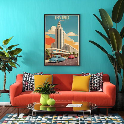 Irving Texas Art Deco Building Cars Retro Vintage Travel Poster