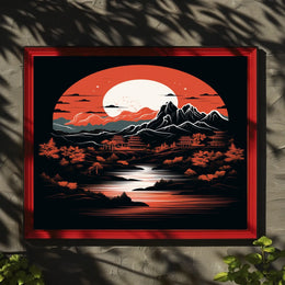 Tranquil Landscape Under A Crimson Moon Poster