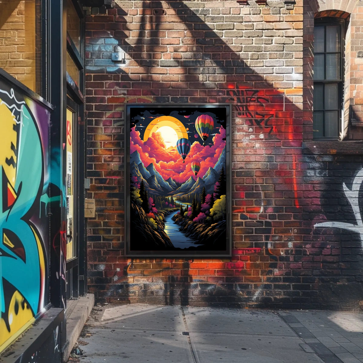 Vibrant Surreal Landscape Poster with Hot Air Balloons