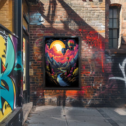 Vibrant Surreal Landscape Poster with Hot Air Balloons