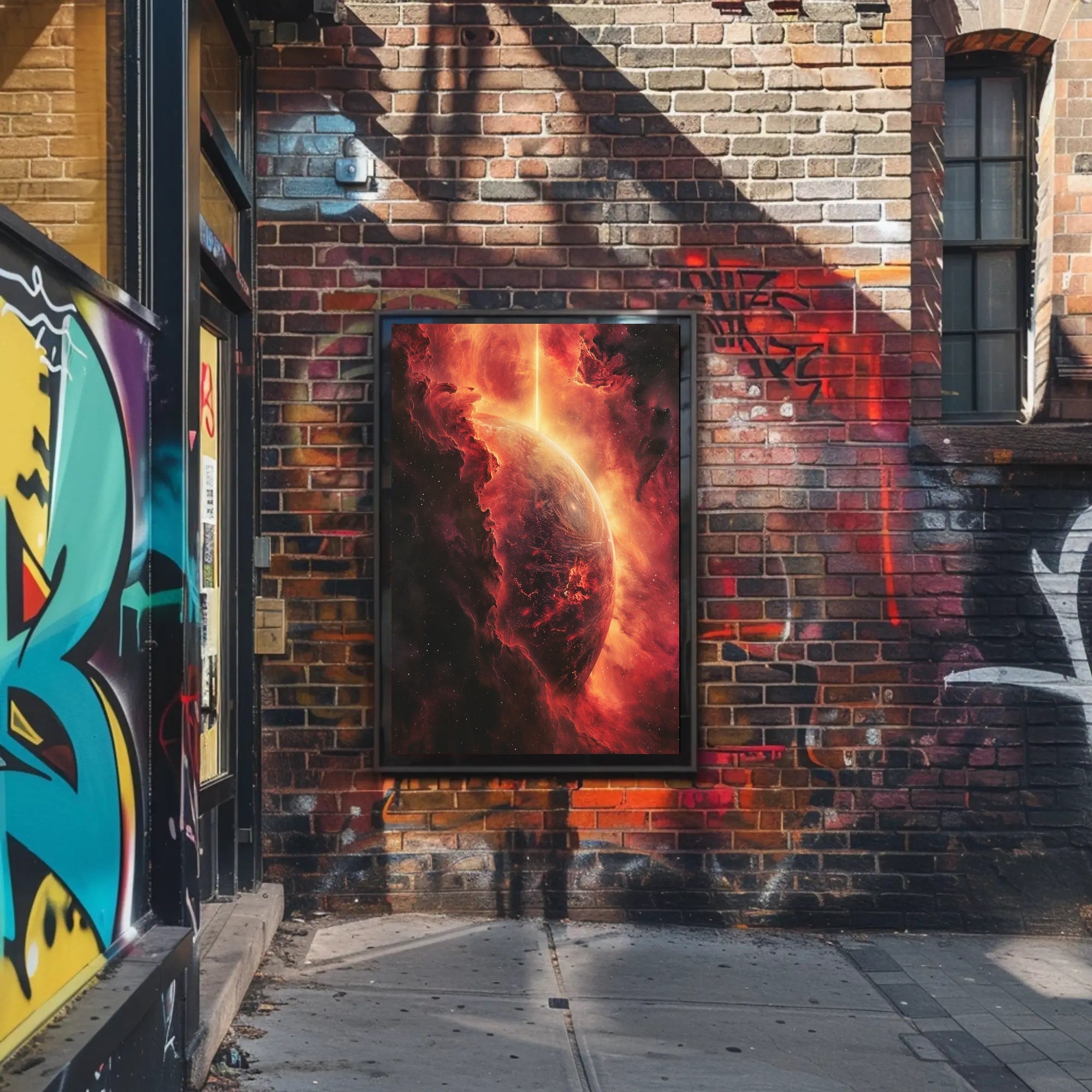 Cosmic Majesty: Fiery Planet in Nebula Poster PosterGoat