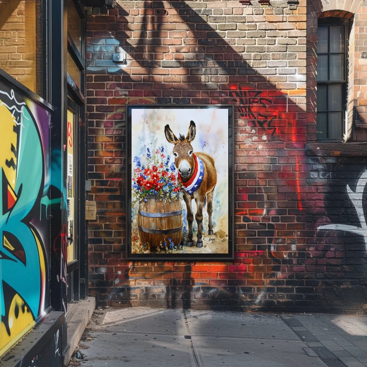 Cheerful Donkey Standing Beside Wooden Barrel Poster