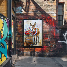 Cheerful Donkey Standing Beside Wooden Barrel Poster