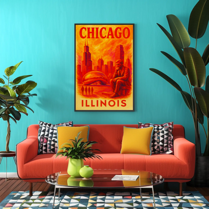 Chicago Skyline Bean Statue Modern Red Vintage Travel Poster Wall Art