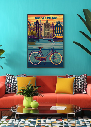 Amsterdam Holland Bicycle Canals Sunset Vintage Travel Poster