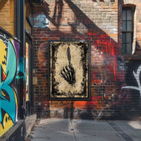 The poster features a skeletal hand gripping a quill pen, creating a strong Travel Poster