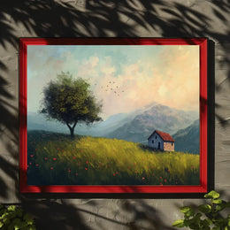 Serene Countryside Landscape with Cottage and Tree