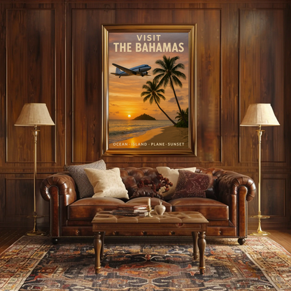 Visit The Bahamas Ocean Island Plane Sunset Travel Poster