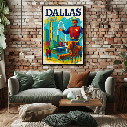 Dallas Texas Bridge Longhorn Cowboy Travel Poster