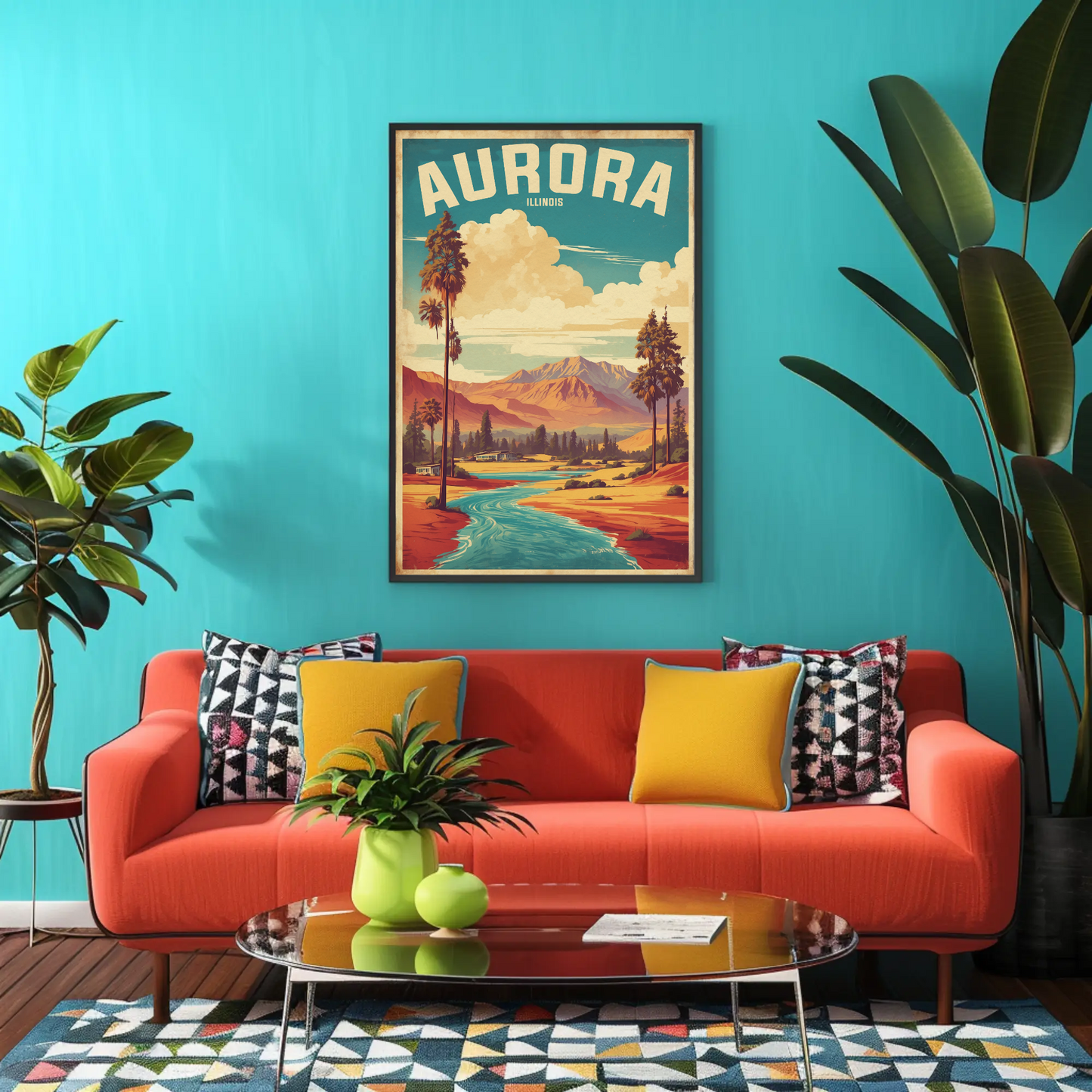 Aurora Illinois River Horizon Vintage Travel Poster