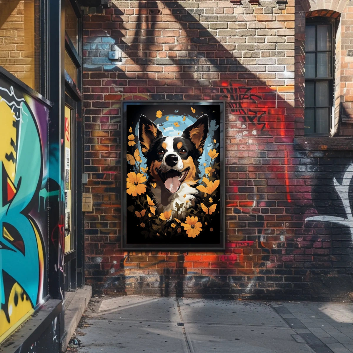 Joyful Dog and Flowers Nature Art Poster