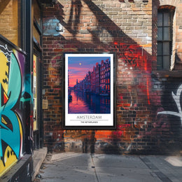 Amsterdam Evening Canal Scene: Urban or Cityscape Poster