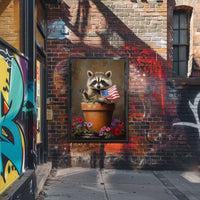 raccoon popping out of a large clay flowerpot Poster
