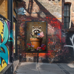 raccoon popping out of a large clay flowerpot Poster