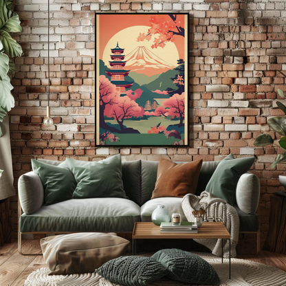 Japan Fuji Pagoda Sakura Moon Spring Sunset Travel Poster
