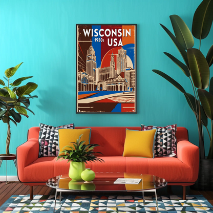Wisconsin USA 1950s Urban Skyline Vintage Travel Poster