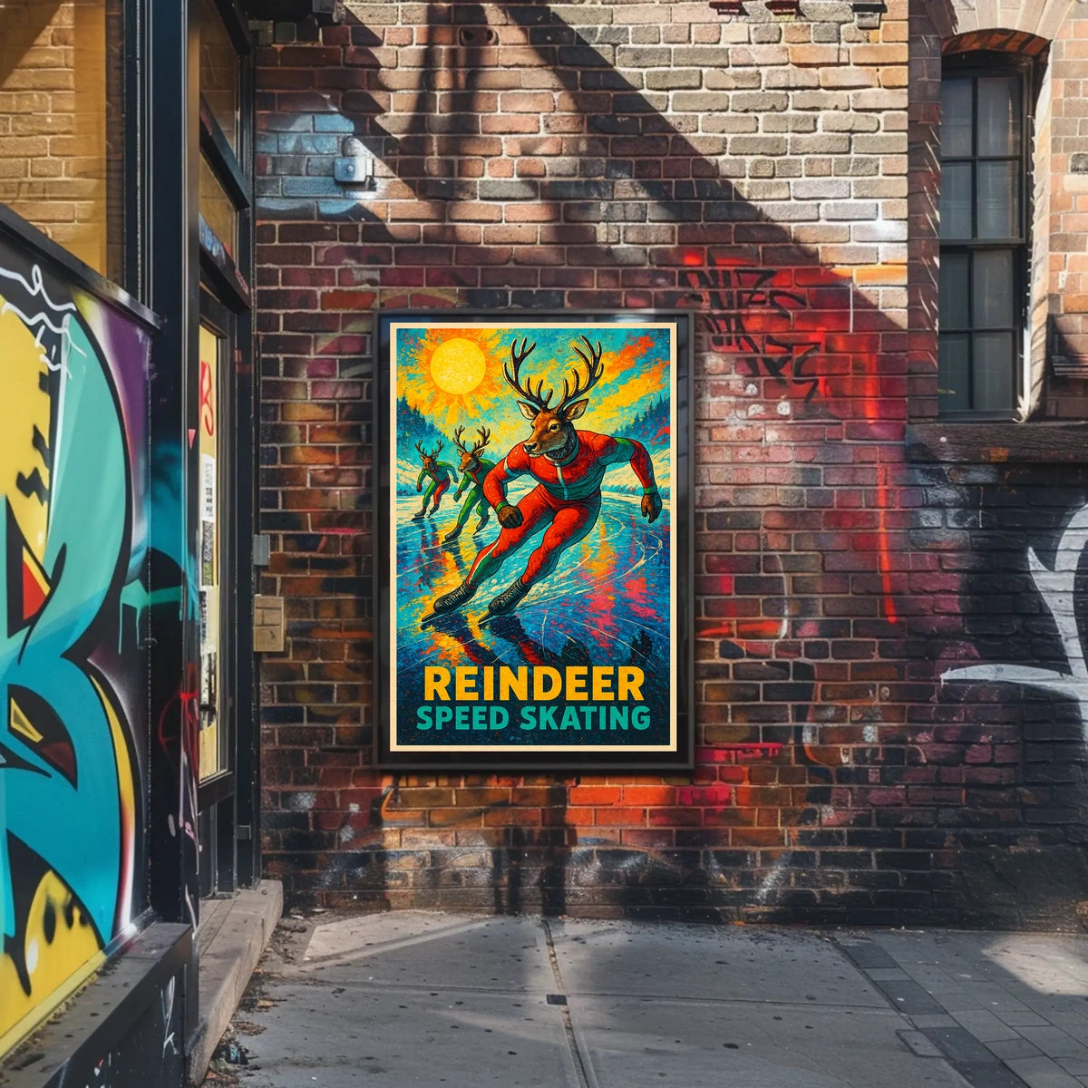 Reindeer Speed Skating Vintage Winter Sports Poster