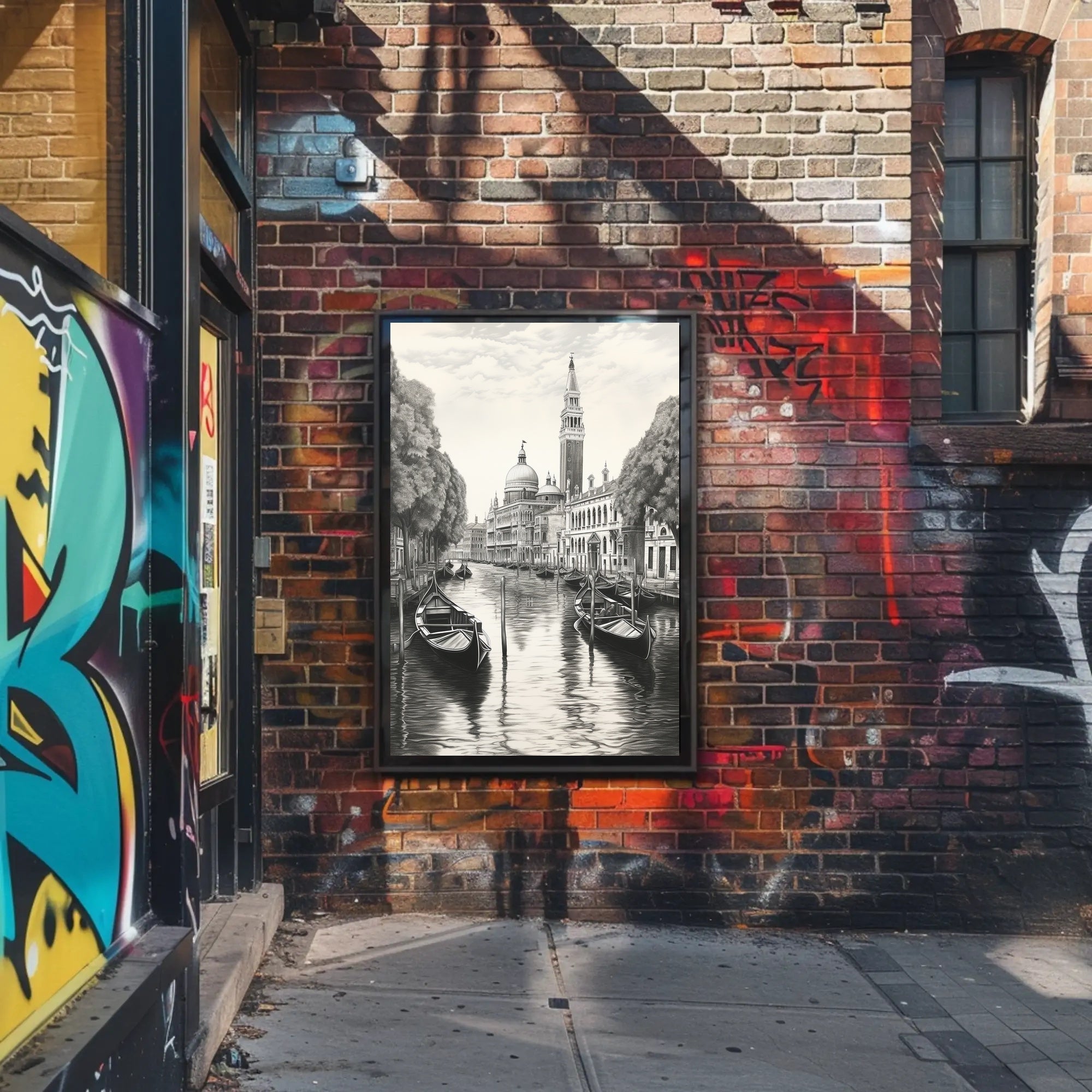 Venetian Canal Scene Monochrome Cultural or Heritage Poster