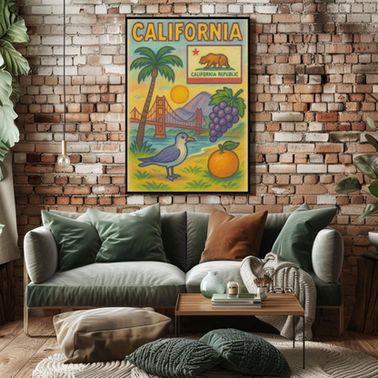 California Golden Gate Grapes Seagull Travel Poster