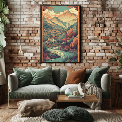 Alpine Village Waterfall And Peaks Travel Poster