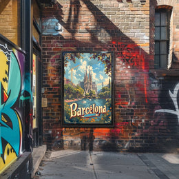 Barcelona Travel Poster with Sagrada Familia and Sunlit Scene