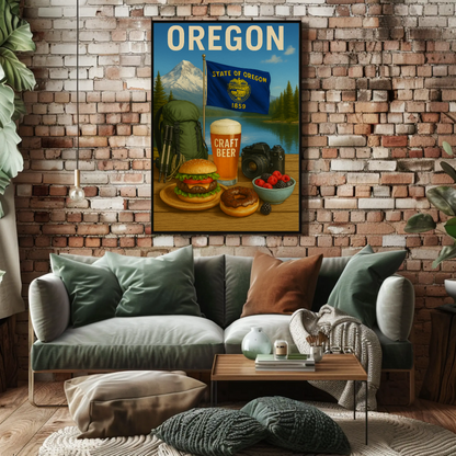 Oregon Craft Beer Forest Burger Mountain Travel Poster
